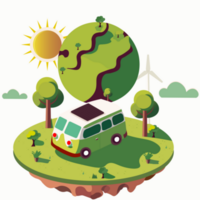 véhicule toit solaire panneau sur la nature Contexte avec Terre globe, soleil, Moulin à vent illustration. écosystème et Terre journée concept. png