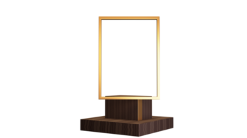 3D Rendering Golden Rectangle Frame or Display On Wooden Podium Icon. png