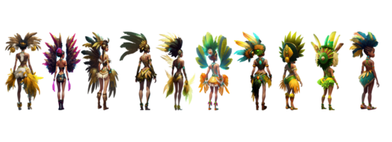 Set Of Brazilian Dancers Wearing Samba Dance Costume In Standing Different Poses. 3D Render. png