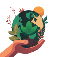 Human Hand Protecting Plant With Sun Behind Earth Globe. png