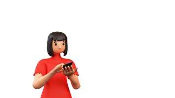 3D Render of Young Woman Using Smartphone Icon. png