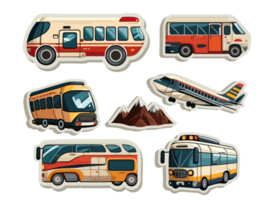 samling av transport tycka om som buss, flygplan och berg ikoner i klistermärke stil. png