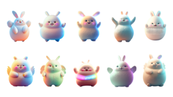 Set Of Dancing Chubby Rabbit Character. 3D Render. png