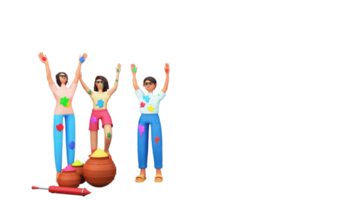 3D Illustration Of Indian People Playing With Colors Together, Color Powder In Clay Pots And Water Gun. png