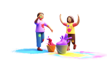3d geven van jong jongen en meisje spelen holi met verf emmers element. png