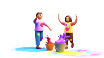 3d framställa av ung pojke och flicka spelar holi med måla hinkar element. png