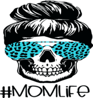 Momlife, printable skull head with messy bun and sunglases png