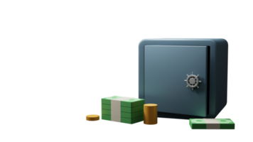 3D Render Vault Or Safe Box With Stack Of Coins, Banknotes Element. png