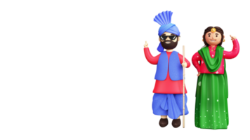 3d render do alegre punjabi jovem casal dando pose dentro bhangra estilo. png