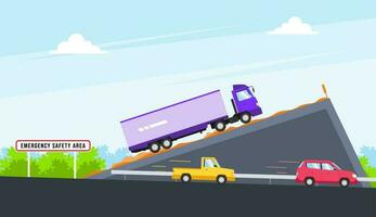 Emergency safety area lane for trucks whose brakes fail on the mountain. vector illustration