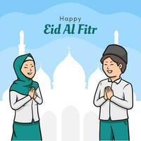 eid Alabama fitr. contento Ramadán. linda dibujos animados caracteres musulmán chico y niña vector