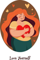 vektor illustration av ung flicka karaktär kramas en röd hjärta på brun bakgrund för kärlek själv. png