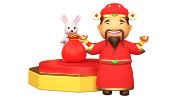 3D Render, Chinese God Of Wealth Caishen Holding Ingots With Bunny Character And Treasure Sack On Podium. png