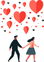 Walking Young Man And Woman Holding Hands With Flying Heart Shapes. Love Concept. png