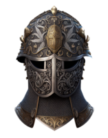 Front view of medieval knight helmet, isolated on transparent background, created with png