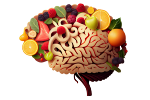 Brain with fruits as a conept of healthy living and nutrition, created with png