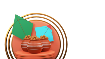 3D Render Clay Pots Full Of Indian Sweet With Kites Over Podium And Circular Frame Element. png