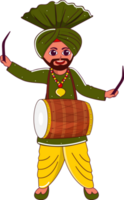 joven punjabi hombre jugando dhol instrumento en en pie pose. png