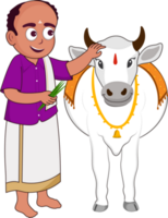 South Indian Man Feeding Grass To A Bull Or Cow Illustration. png