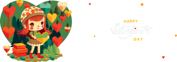 contento San Valentín día concepto con linda niña personaje en pie cerca cajas, corazón formas decorado en naturaleza antecedentes. png