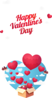 sticker stijl gelukkig Valentijnsdag dag doopvont met rood harten komt eraan uit van karton doos, vliegend vogelstand en wolken Aan lucht blauw achtergrond. png
