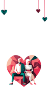 jung Paar Charakter im Sitzung Pose und Polygon Herzen auf Pfirsich Hintergrund mit Kopieren Raum. glücklich Valentinstag Tag Konzept. png