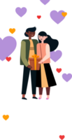 content la Saint-Valentin journée verticale bannière conception avec Jeune couple personnage en portant une cadeau boîte, cœur formes. png