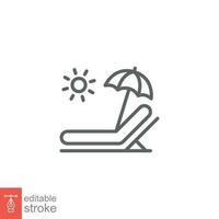 Sunbed icon. Simple outline style. Resort, beach, chair, umbrella, deck, lounger, summer concept. Thin line symbol. Vector symbol illustration isolated on white background. Editable stroke EPS 10.