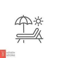 Sunbed icon. Simple outline style. Resort, beach, chair, umbrella, deck, lounger, summer concept. Thin line symbol. Vector symbol illustration isolated on white background. Editable stroke EPS 10.