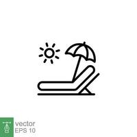 Sunbed icon. Simple outline style. Resort, beach, chair, umbrella, deck, lounger, summer concept. Thin line symbol. Vector symbol illustration isolated on white background. EPS 10.