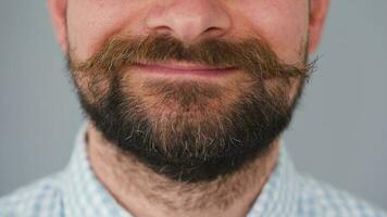 Part of the face of a bearded man with a twisted moustache. He moves his moustache video