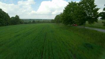 FPV drone flies quickly and manoeuvrable along a green meadow surrounded by trees on a summer day video