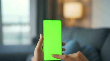 Woman at home lying on a couch and using smartphone with green mock-up screen in horizontal landscape mode. Girl browsing Internet, watching content, videos, blogs. POV. video