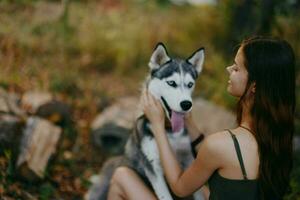Woman and her husky dog happily playing outdoors in the park among the trees smile with teeth in the autumn walk with her pet photo