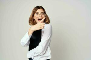 Business woman in white shirt with documents in hands emotion work success photo