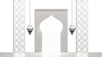 islamisch Festival Feier Konzept mit Moschee Tür Form, Silber Arabisch Laternen hängen auf glänzend grau und Weiß islamisch Muster Hintergrund. png