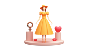 Happy Women's Day Concept With 3D Render, Fashionable Young Girl Character Standing On Stage And Bronze Venus Symbol. png