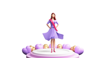 3D Render, Winner Modern Young Girl Standing On Stage And Heart Balloons. png