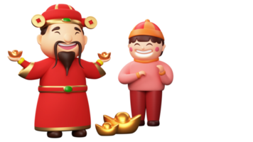 3D Render, Chinese God Of Wealth Caishen Near Standing Boy Character And Realistic Ingots. png