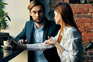 business man and woman socializing in cafe breakfast lifestyle photo