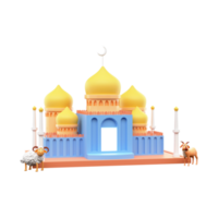 3d representación mezquita arco con dibujos animados oveja y cabra ilustración. png