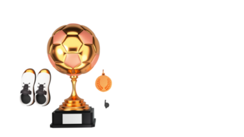 3D Rendering of Golden Football Trophy Cup With Medal Badge, Whistle, Sports Shoe And Copy Space. png