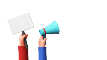 3D Render of Human Hands Holding Blank Placard And Loudspeaker. png