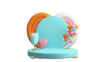 3D Render Colorful Heart Shape Podium Decorated Balloons. Love or Valentine's Day Concept. png