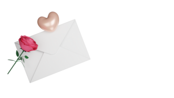 Top View of White Envelope With Realistic Rose, Glossy Heart Element. 3D Render. png