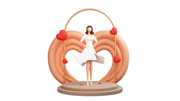 3D Render, Modern Young Girl Character Standing On Stage And Heart Shapes. png