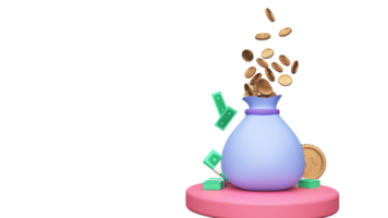 3D Render Dollar Coins Falling Into Sack With Bunch Of Banknotes Over Podium Element. png