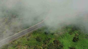 flygande genom de moln över en tömma berg väg omgiven förbi grön vegetation video