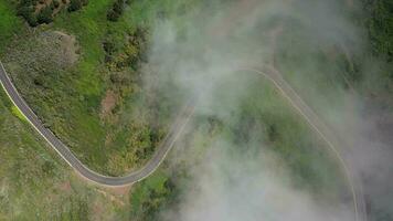 volador mediante el nubes terminado un vacío montaña la carretera rodeado por verde vegetación video