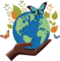 Human Hand Holding Earth Globe With Leaves And Beautiful Butterflies. png